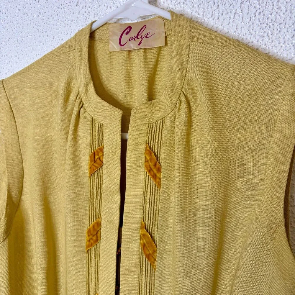 Vintage 1950s/60s Carlye Yellow Linen Dress Rhinestone Buttons Velvet Leaf Sz S - Picture 3 of 9